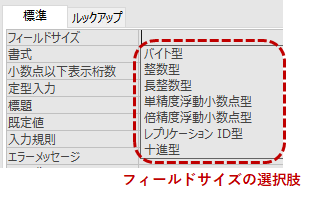 数値型のフィールドサイズ選択肢