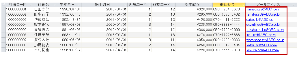 フィールドにハイパーリンクを設定した様子