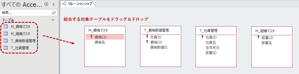リレーションシップ設定画面にテーブルを追加
