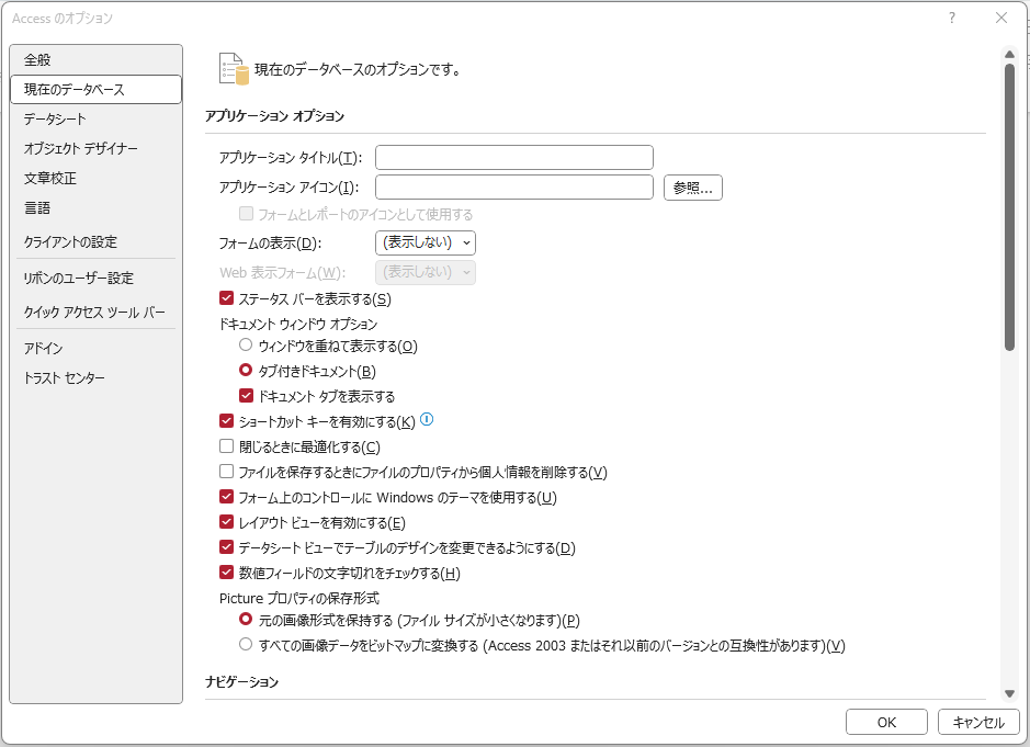 オプション設定「現在のデータベース」のメニュー画面