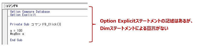 変数宣言の強制 Option Explicitの記述はあるが、Dimステートメントの宣言がない例